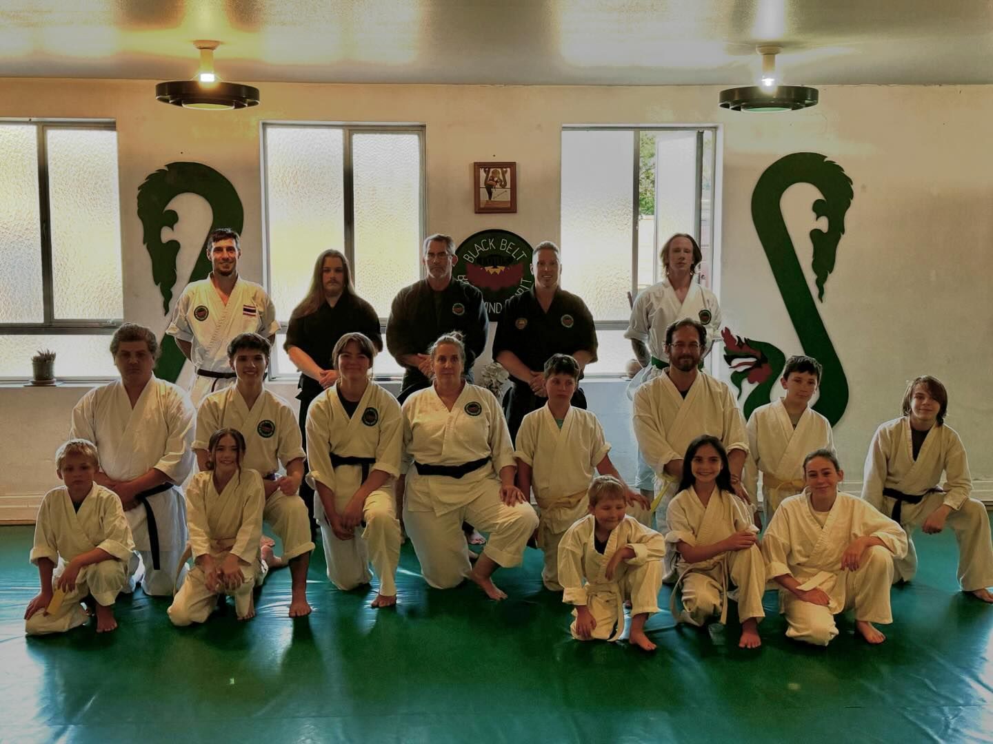 An aerial view of a city skyline at sunset.