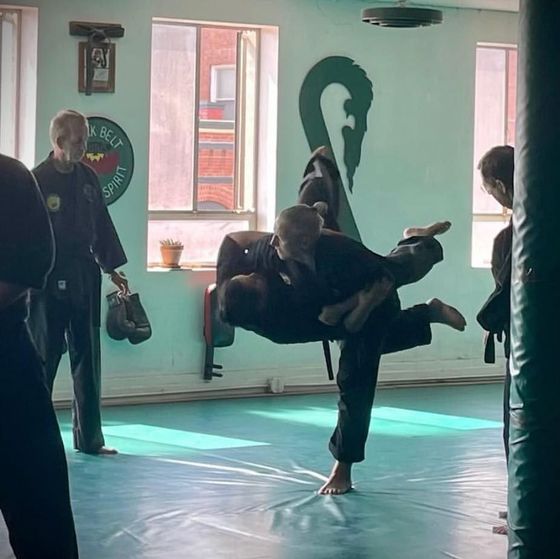 A group of people are practicing martial arts in a gym.