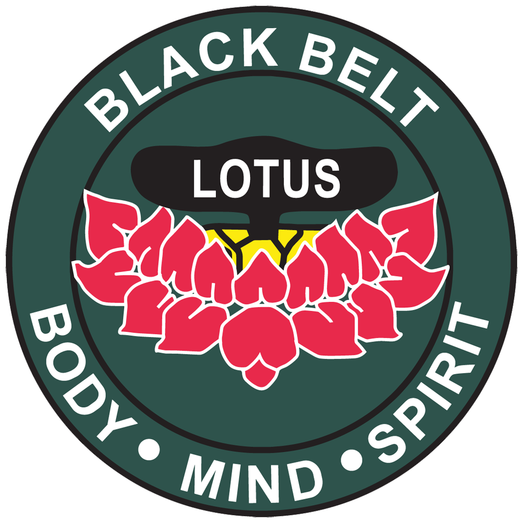 A black belt lotus logo that says body mind spirit