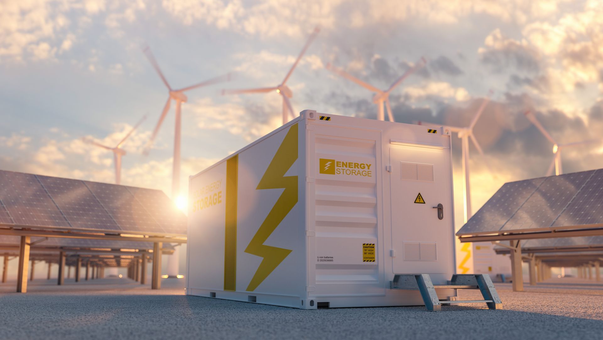 A white shipping container with a lightning bolt on it is sitting in front of a solar farm.