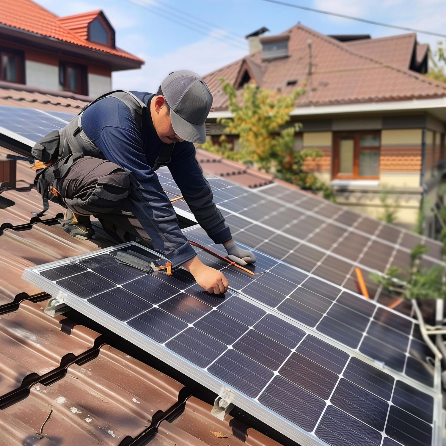 A man is installing solar panels on the roof of a house.