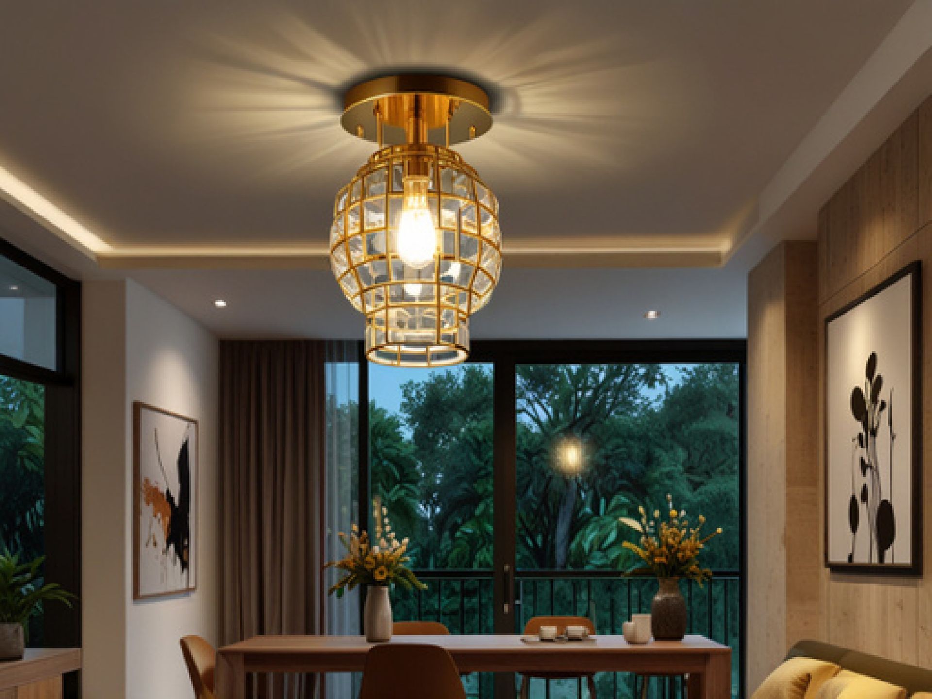 A dining room with a table and chairs and a chandelier hanging from the ceiling.