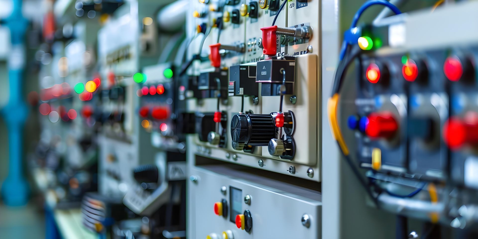 A row of electrical panels with buttons and lights on them in a room.
