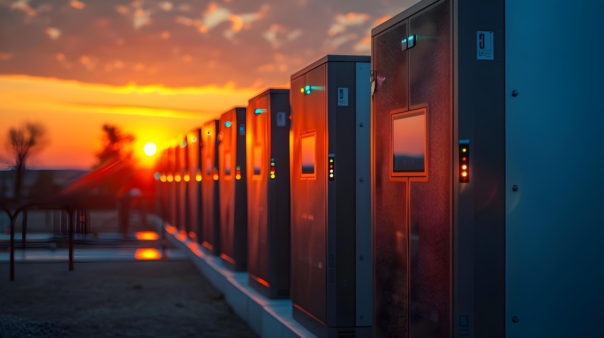 A row of servers sitting next to each other at sunset.