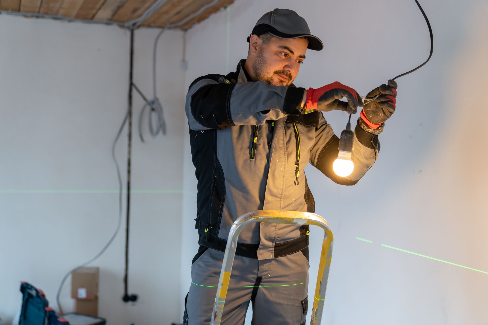 Electrician installing a lightbulb while standing on a ladder in a room with white walls.