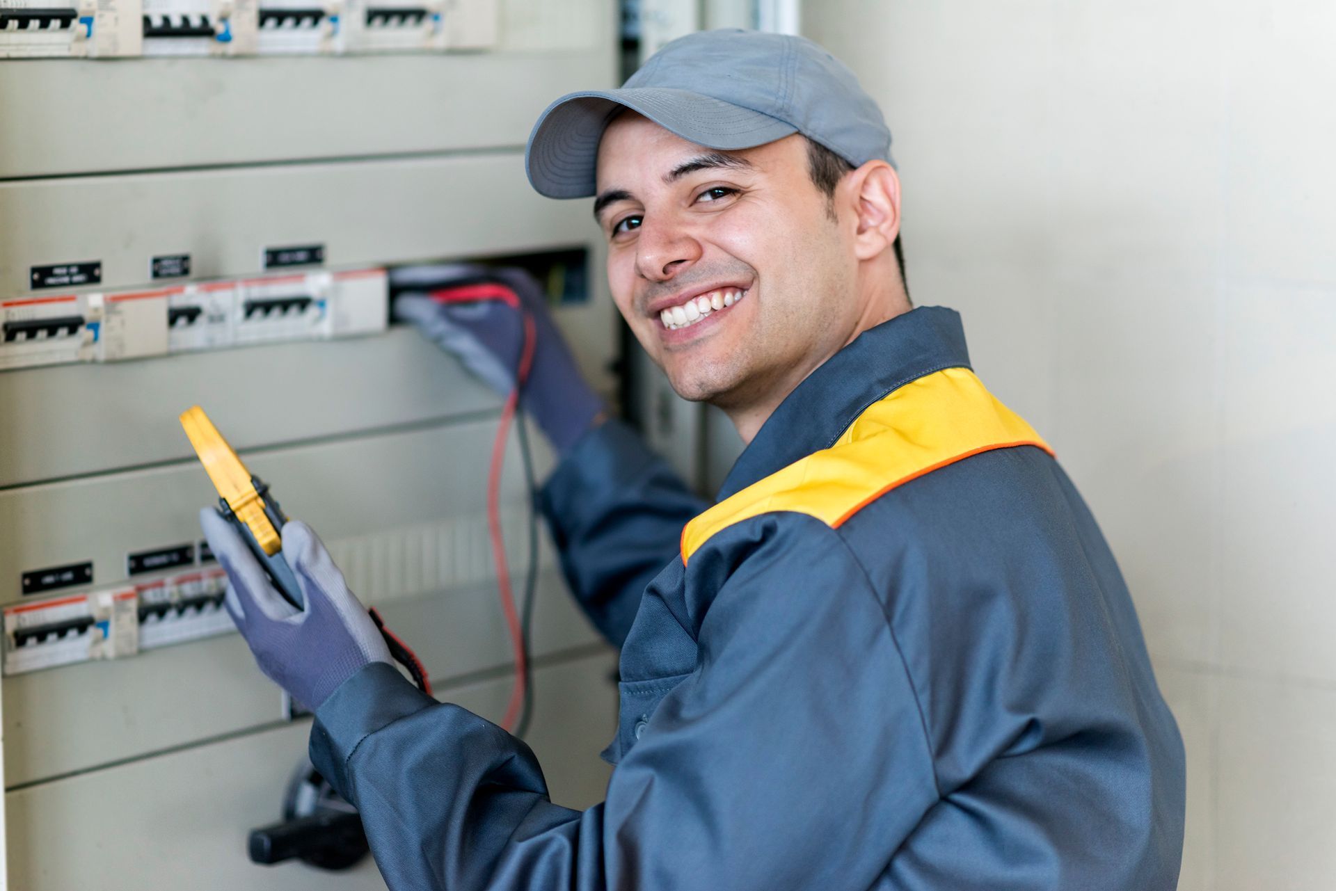 Smiling electrician using a multimeter to inspect a circuit breaker panel.