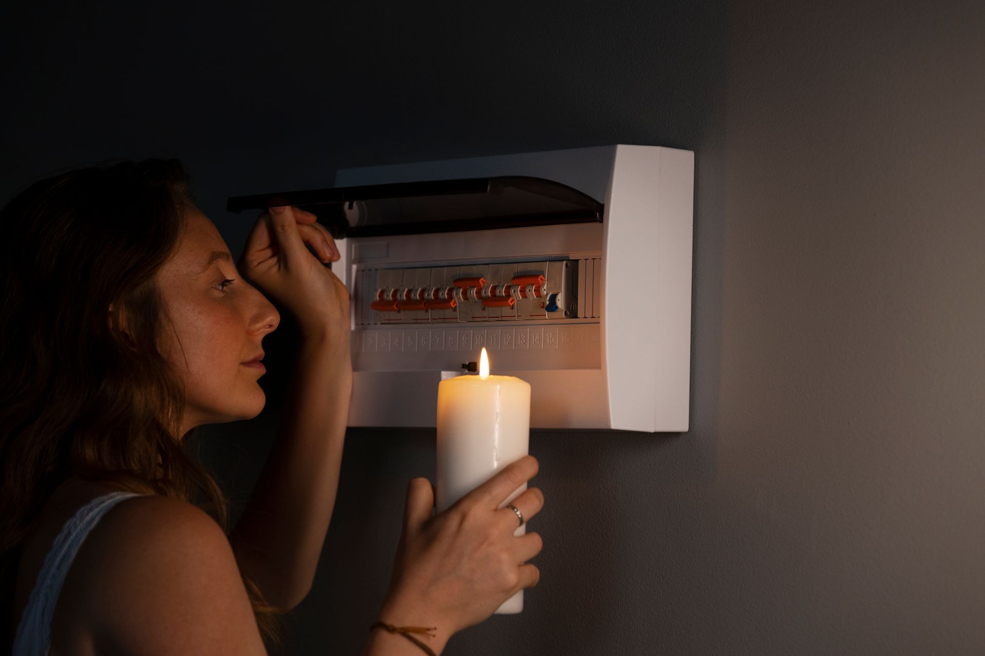 Woman holding a candle, looking at a fuse box in a darkened room, possibly during a power outage.