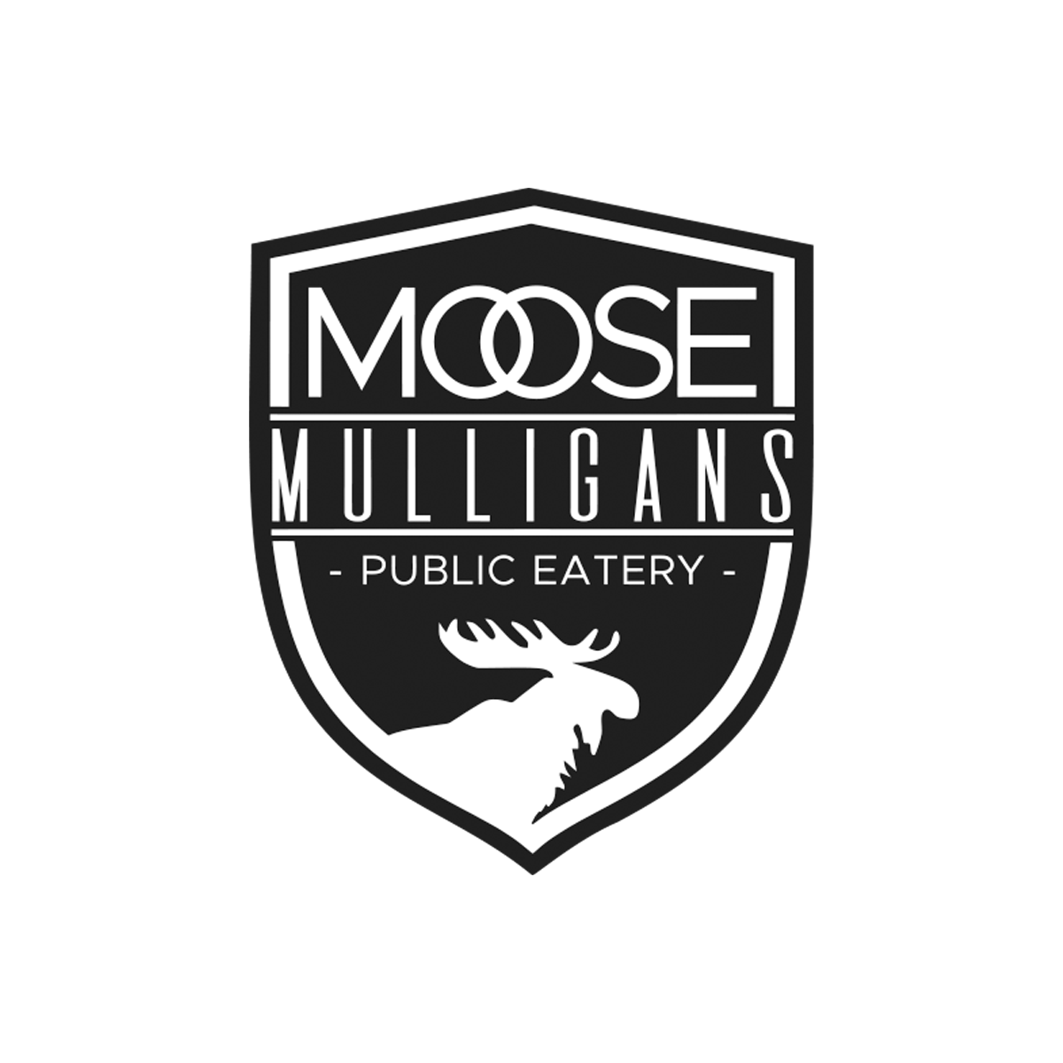 Moose Mulligan's Public Eatery logo: shield shape, black and white, moose silhouette, text