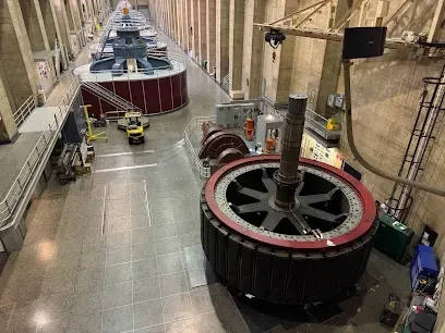 An aerial view of a large machine inside of a building.
