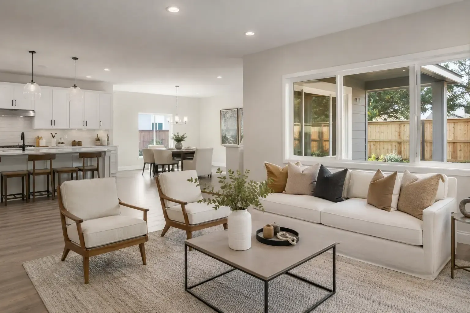 Bright modern living room with white sofa, wood chairs, coffee table, and open kitchen in background