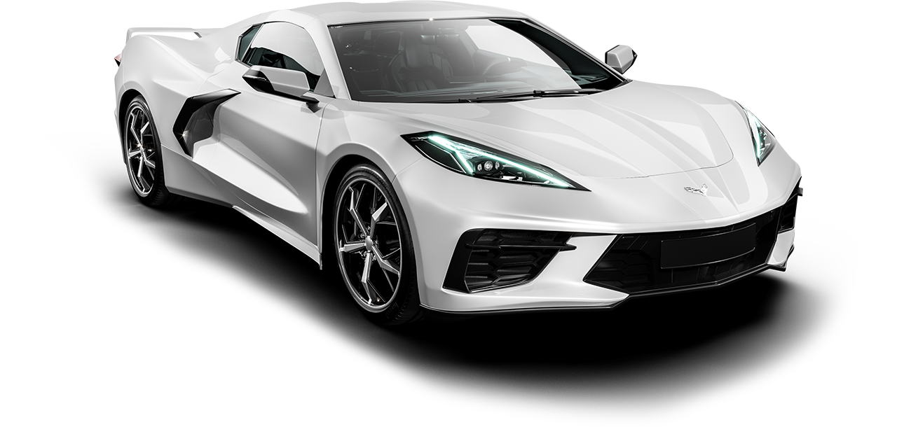 White sports car on a white background, casting a shadow.