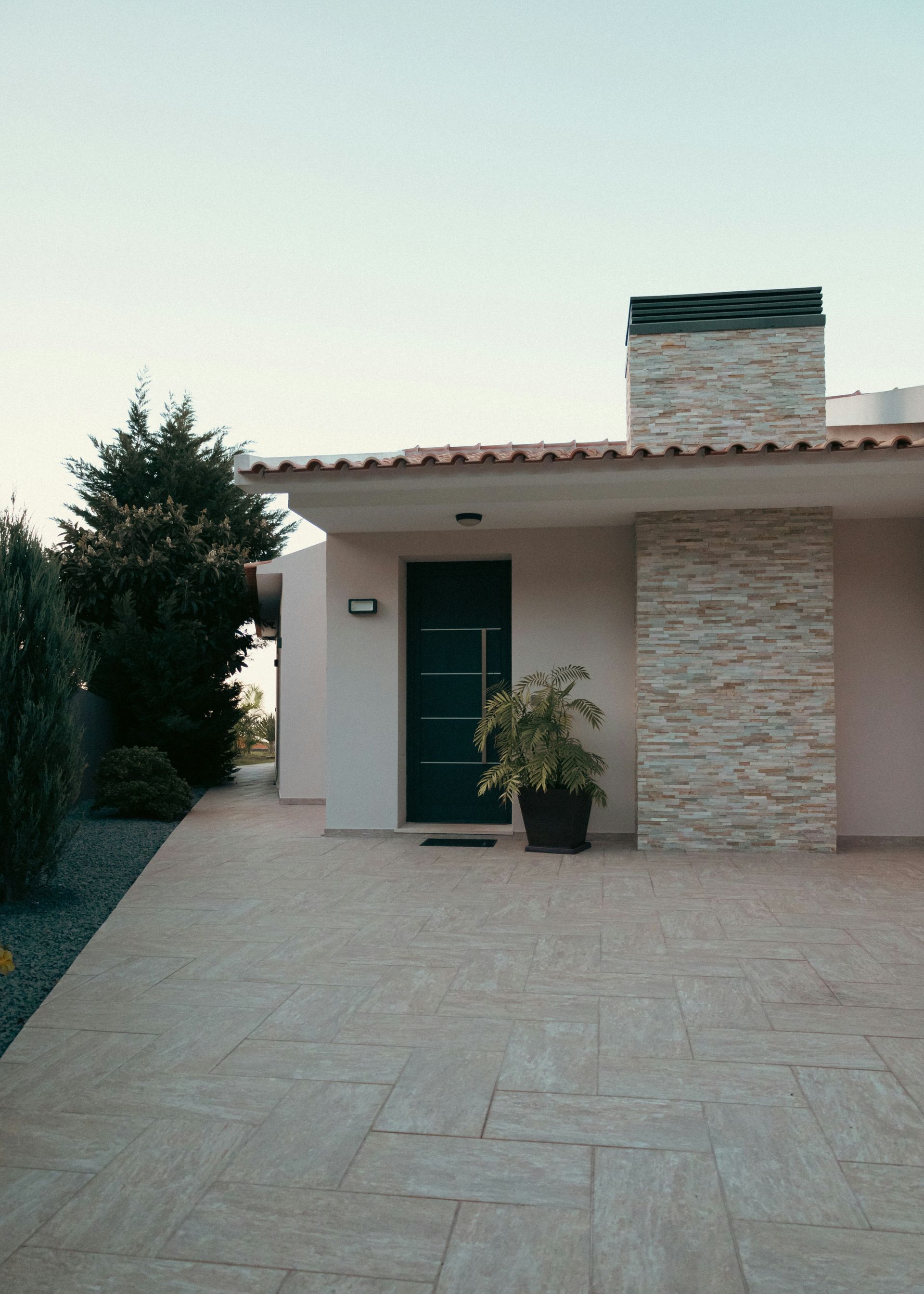 Exterior view of a modern house with a stone facade, front door, and potted plant.