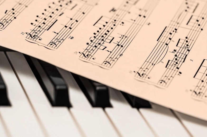 Piano keys with sheet music draped that creates a gentle mood with cremation services in Chaska, MN