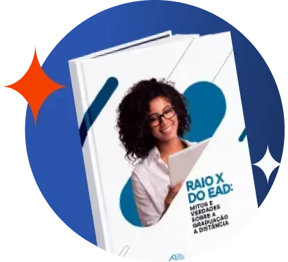 Uma mulher segura um tablet em frente a um livro intitulado raio x do ead