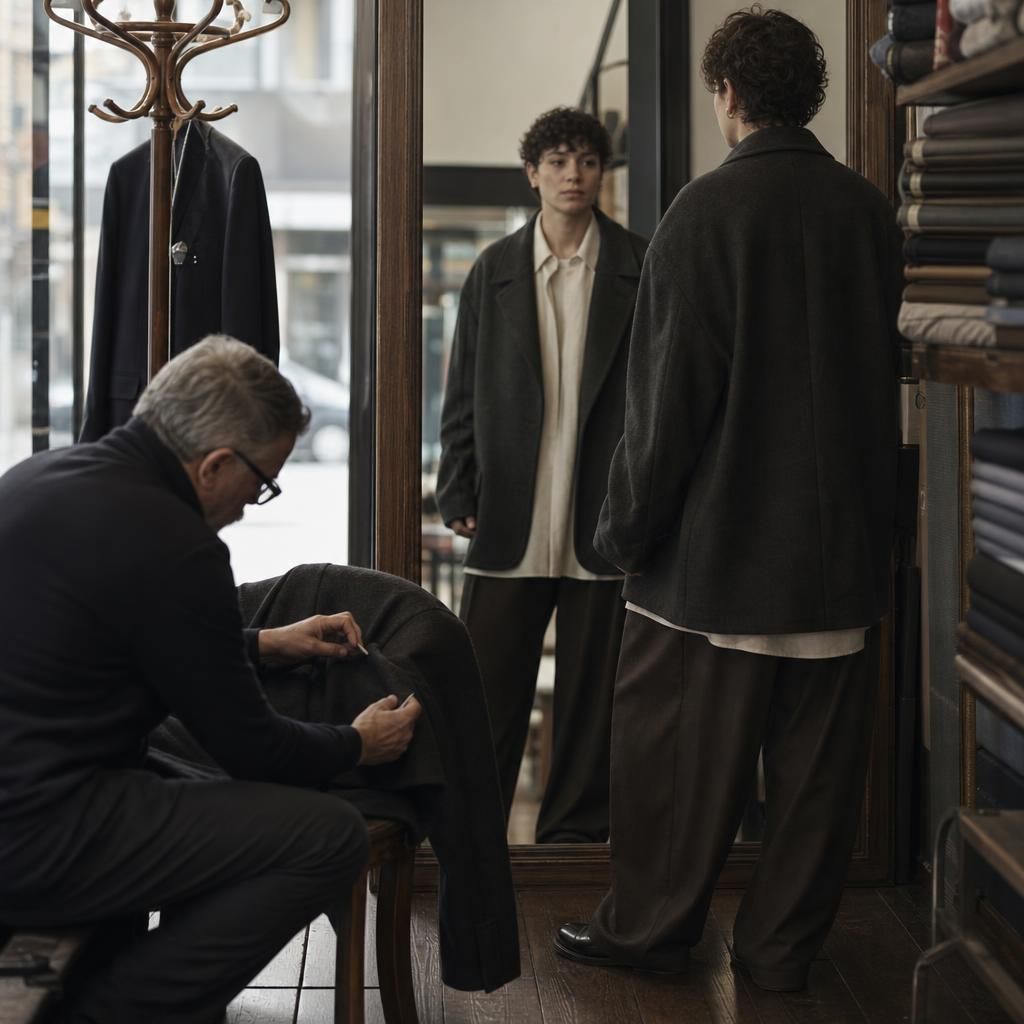 Nonbinary person trying on tailored jacket in fitting room