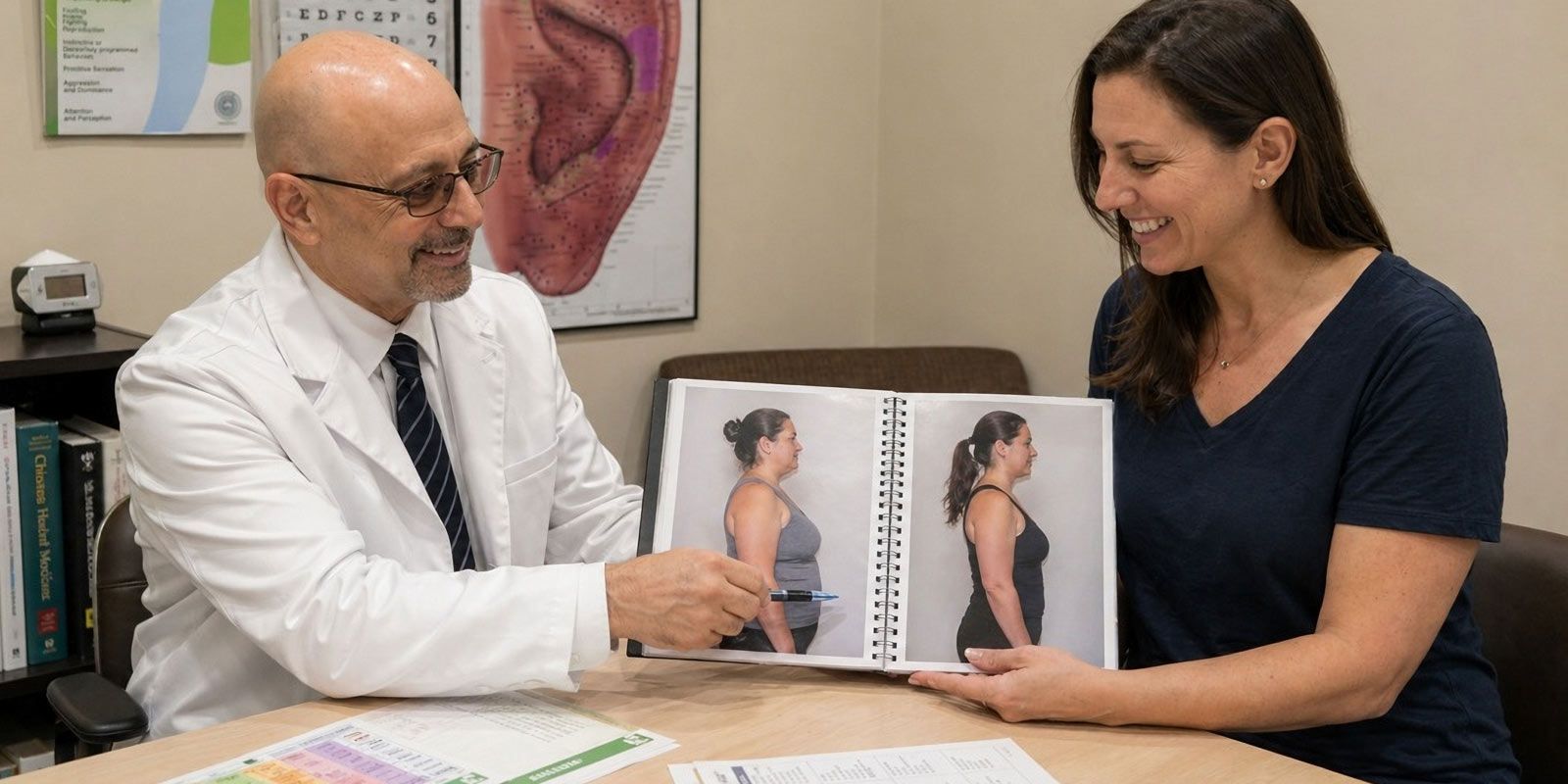 NYC Acupuncturist is showing his client her weight loss so far in the Balanced Mind-Body Weight Loss Program by Marc Bystock, L.Ac.