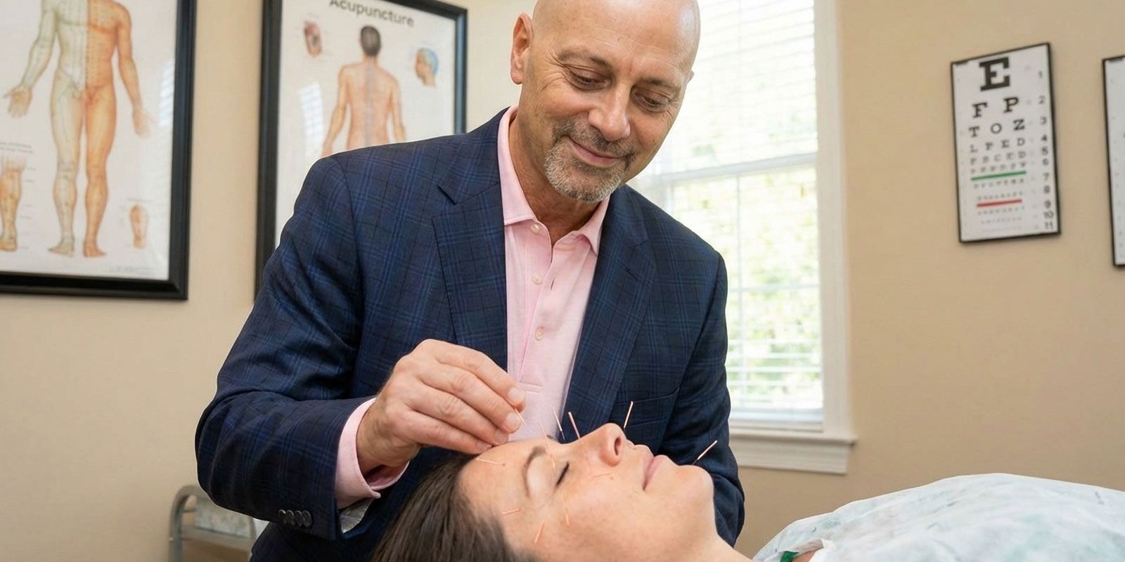 A woman getting a cosmetic acupuncture NYC treatment from Marc Bystock NYC Acupuncturist