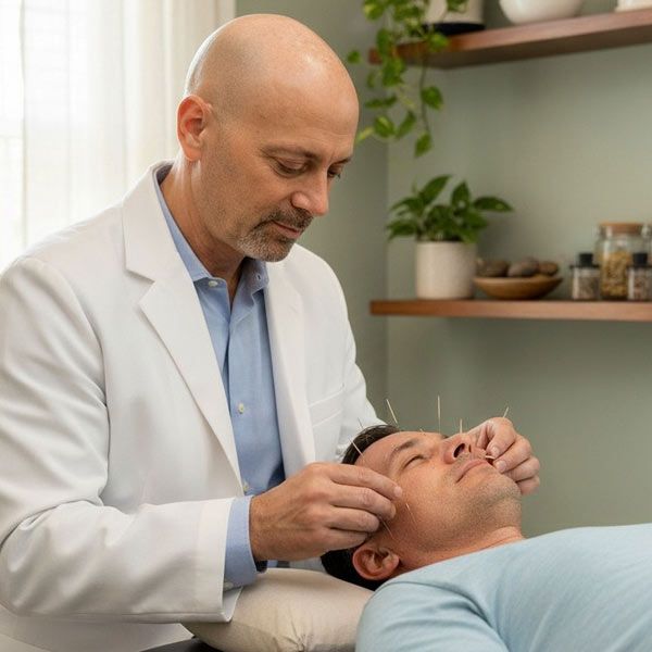 Manhattan Acupuncturist Marc Bystock Performing Cosmetic Acupuncture on a male patient