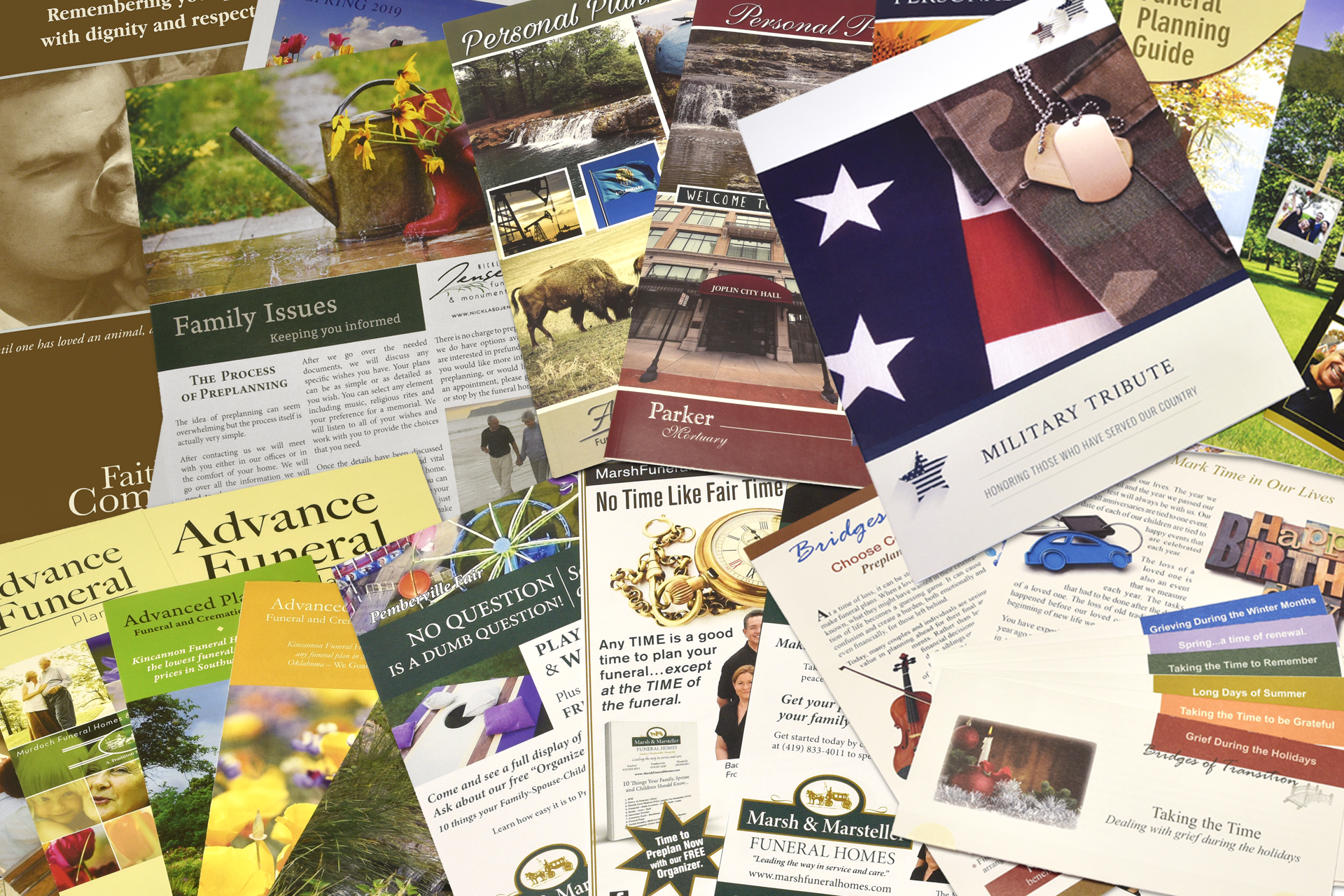 A pile of flyers including one that says advance funeral