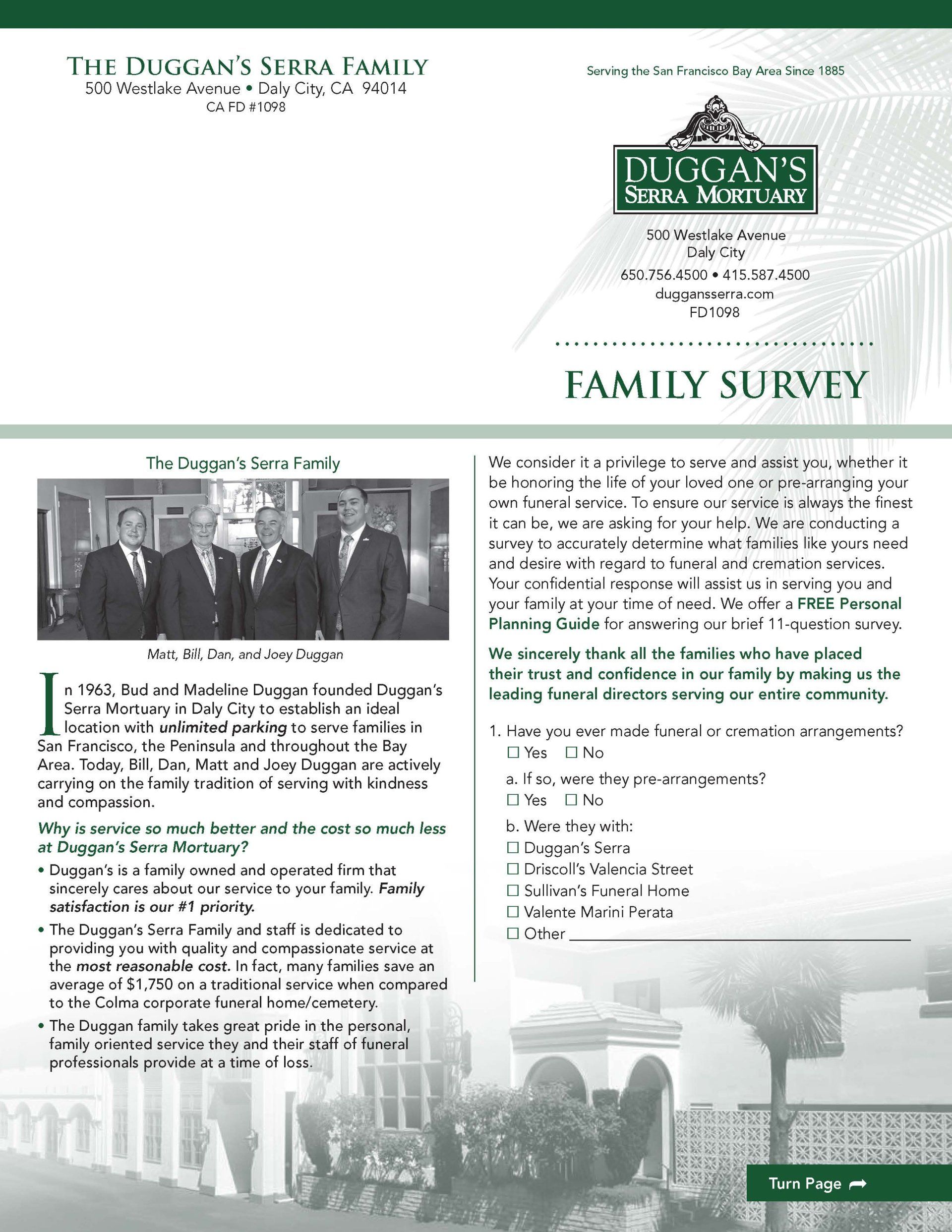 A brochure for a family survey with a picture of a group of men in suits.