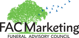 A logo for fac marketing funeral advisory council with a tree and birds flying around it.