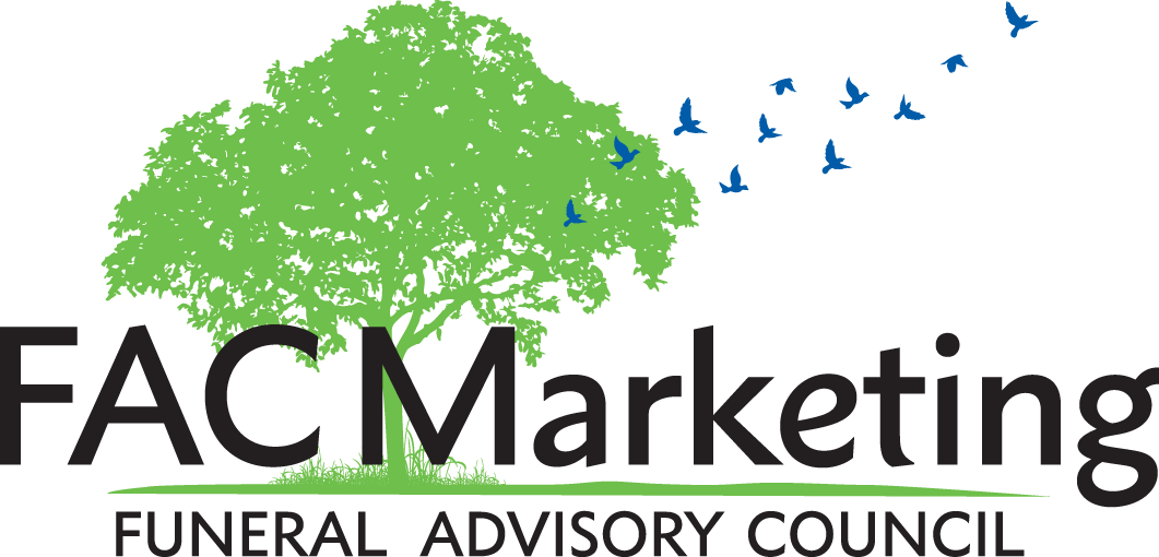 A logo for fac marketing funeral advisory council with a tree and birds flying around it.