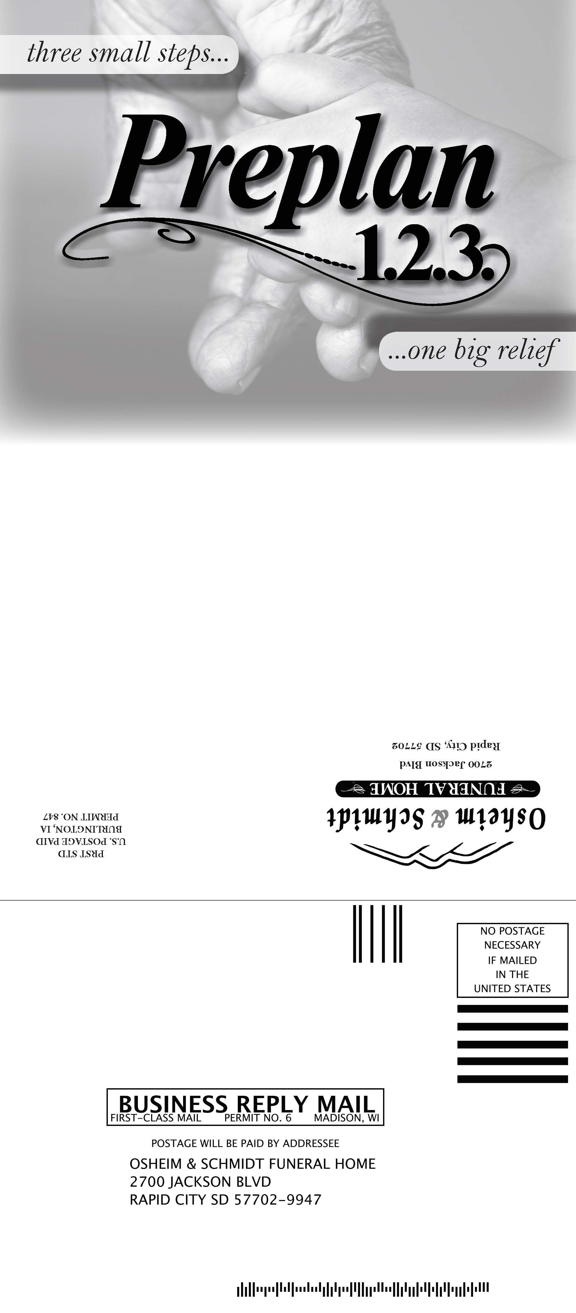 A black and white photo of a box of preplan 1.23.