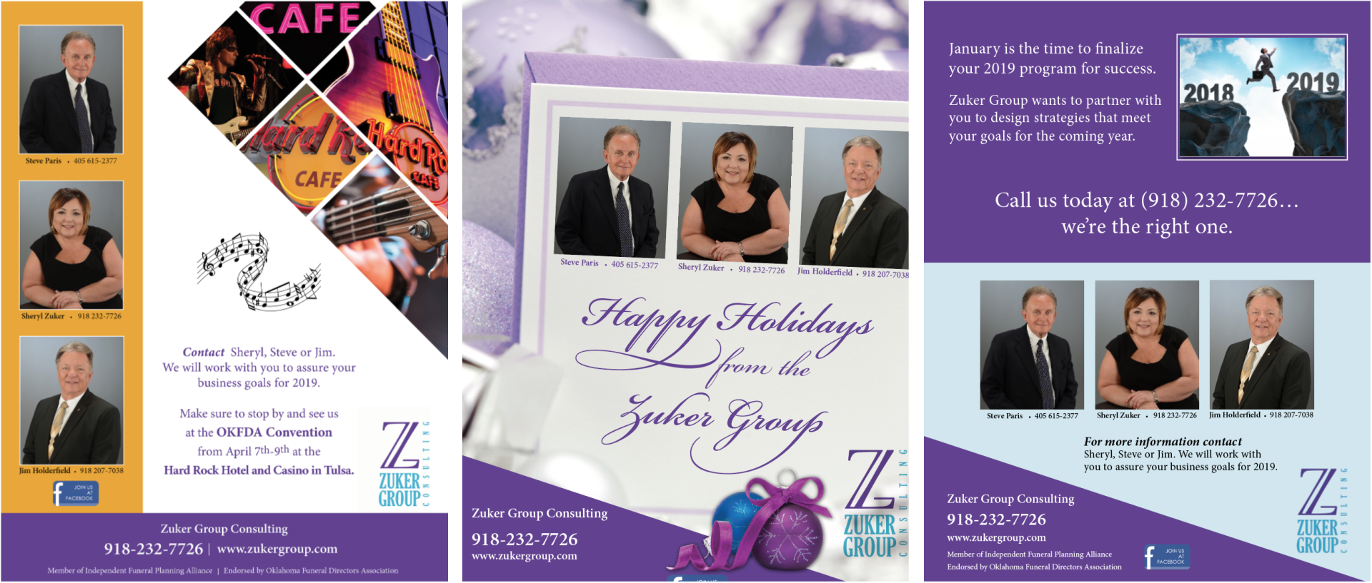 Three flyers one of which says happy holidays