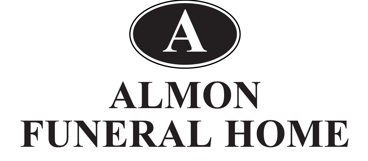 The logo for Almon funeral home is black and white.