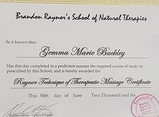 Certificate from Brandon Raynor's School, awarded to Gemma Buckley for Raynor Massage in June 2006.