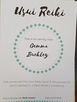 Certificate for Gemma Buckley, Usui Reiki Level 2 attunement, dated 29/8/2016.