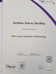 Certificate for Gemma Maria Buckley, ABC Level 3 Diploma in Reflexology, dated 13 August 2018.