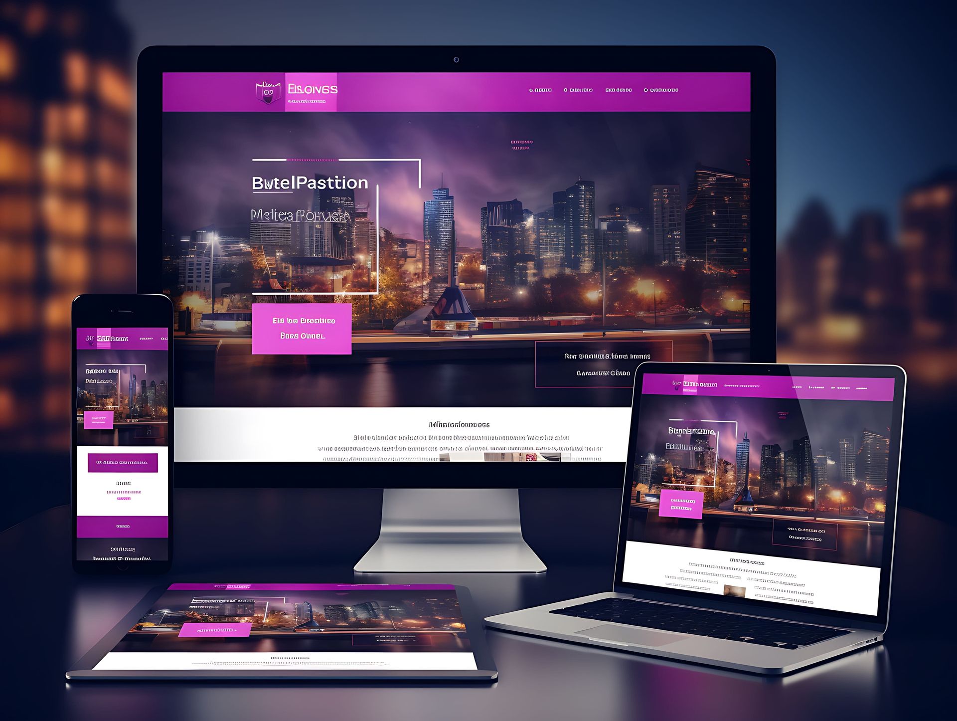 Um monitor de computador um tablet um telefone e um laptop em uma mesa