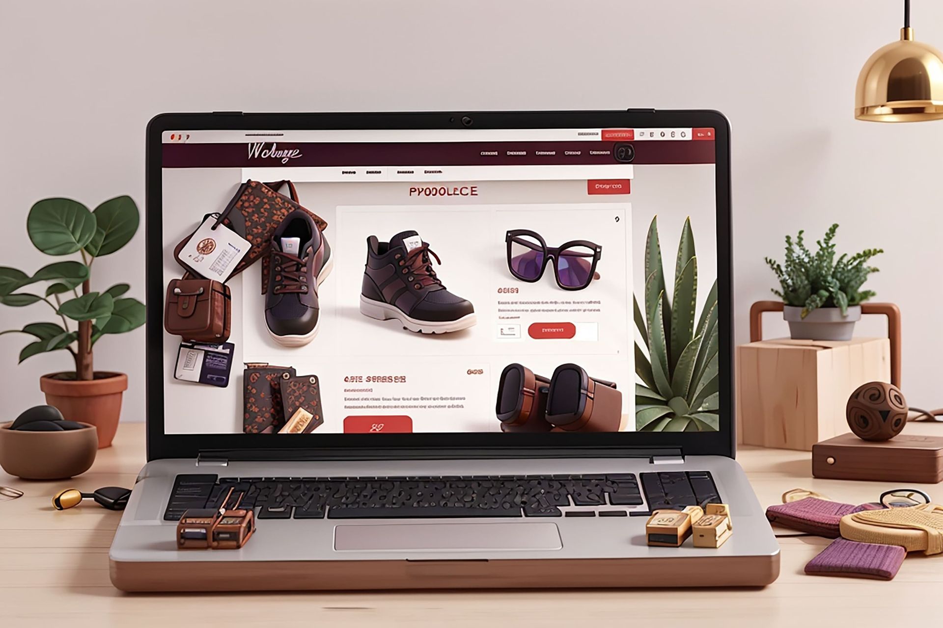 Um laptop está aberto em um site que mostra sapatos e óculos de sol.