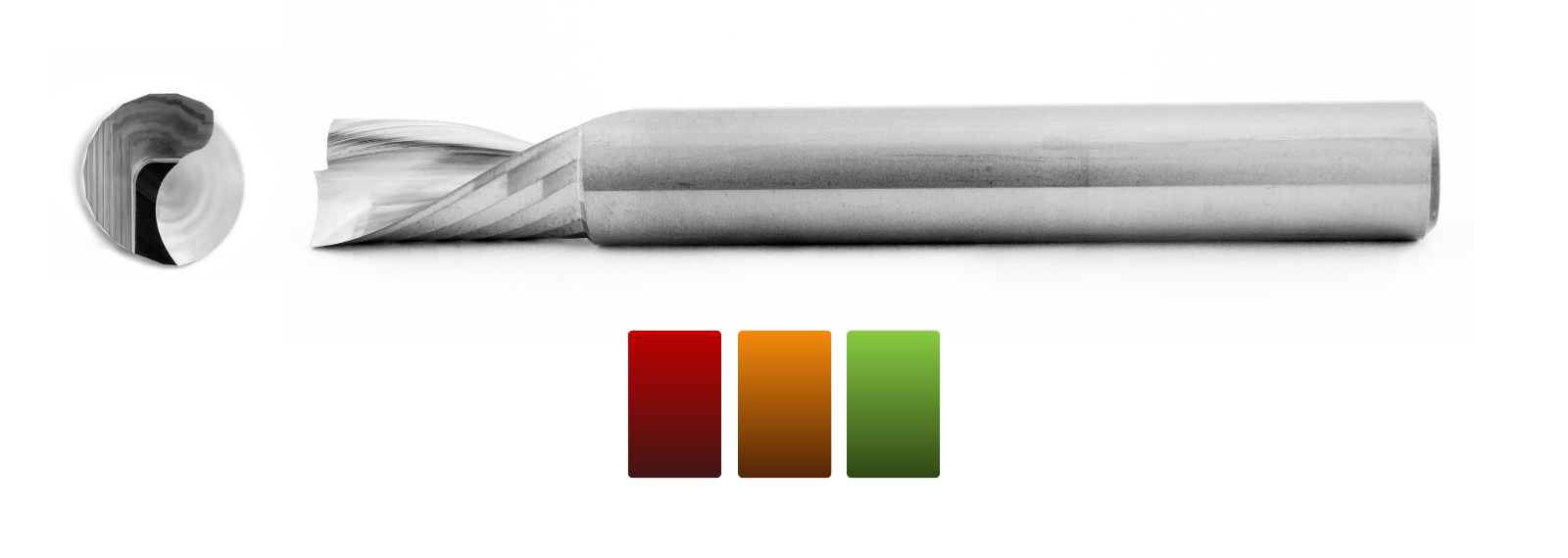 close up image of the single flute downcut plastic cutting cnc router bit offered by box canyon solutions