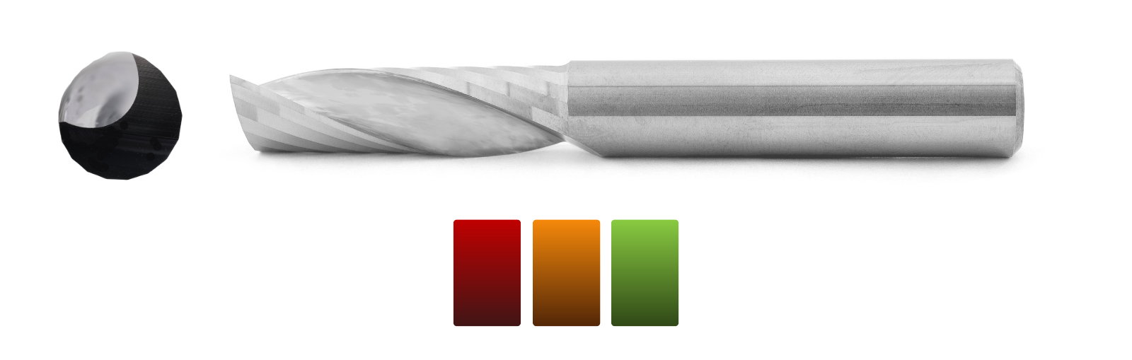 A close up of a cnc router drill bit with three different colored blocks next to it.