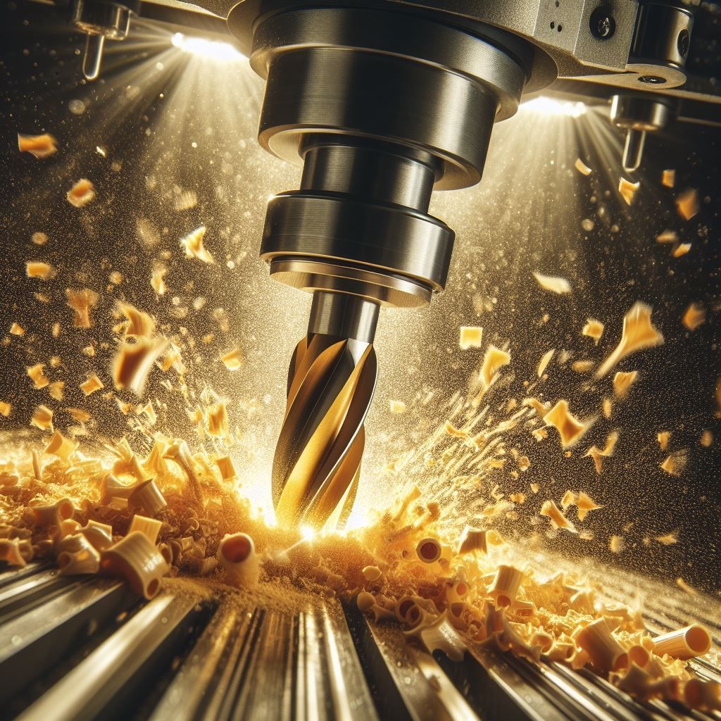 A machine is cutting a piece of metal with a drill bit.