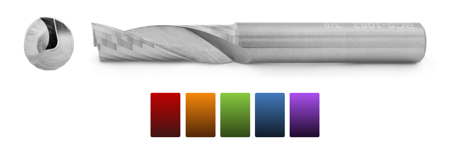 Close image of a single flute upcut high performance cnc router bit PHU3 with a color chart