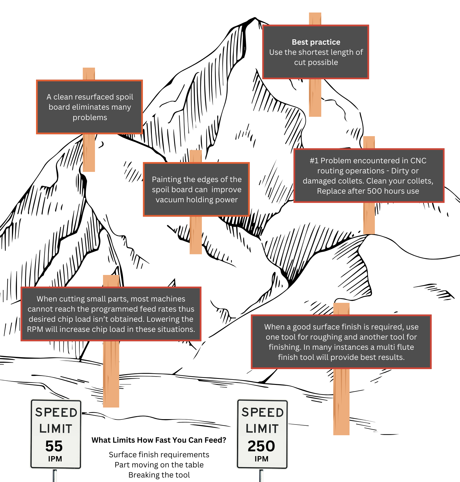 A drawing of a mountain with signs that contain tips for optimizing cnc cutting of plastics and woods