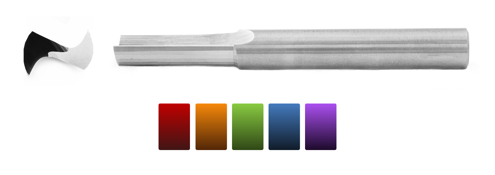 Close up image of a two straight flute o cnc router bit used to cut plastics with color chart
