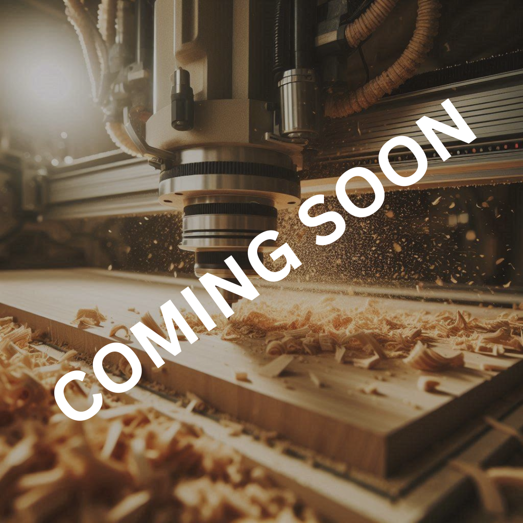 A cnc router bit is cutting a piece of wood that is coming soon