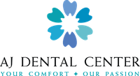 Logo for AJ Dental Center featuring a blue floral icon made of tooth shapes and the slogan Your Comfort - Our Passion.