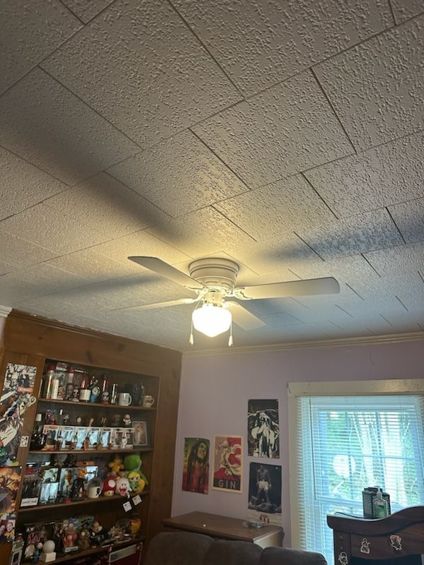 A living room with a ceiling fan and a light on the ceiling.