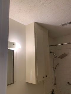 A bathroom with a shower , sink , mirror and cabinet.