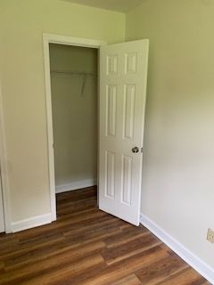 There is a closet in the corner of the room with a wooden floor.