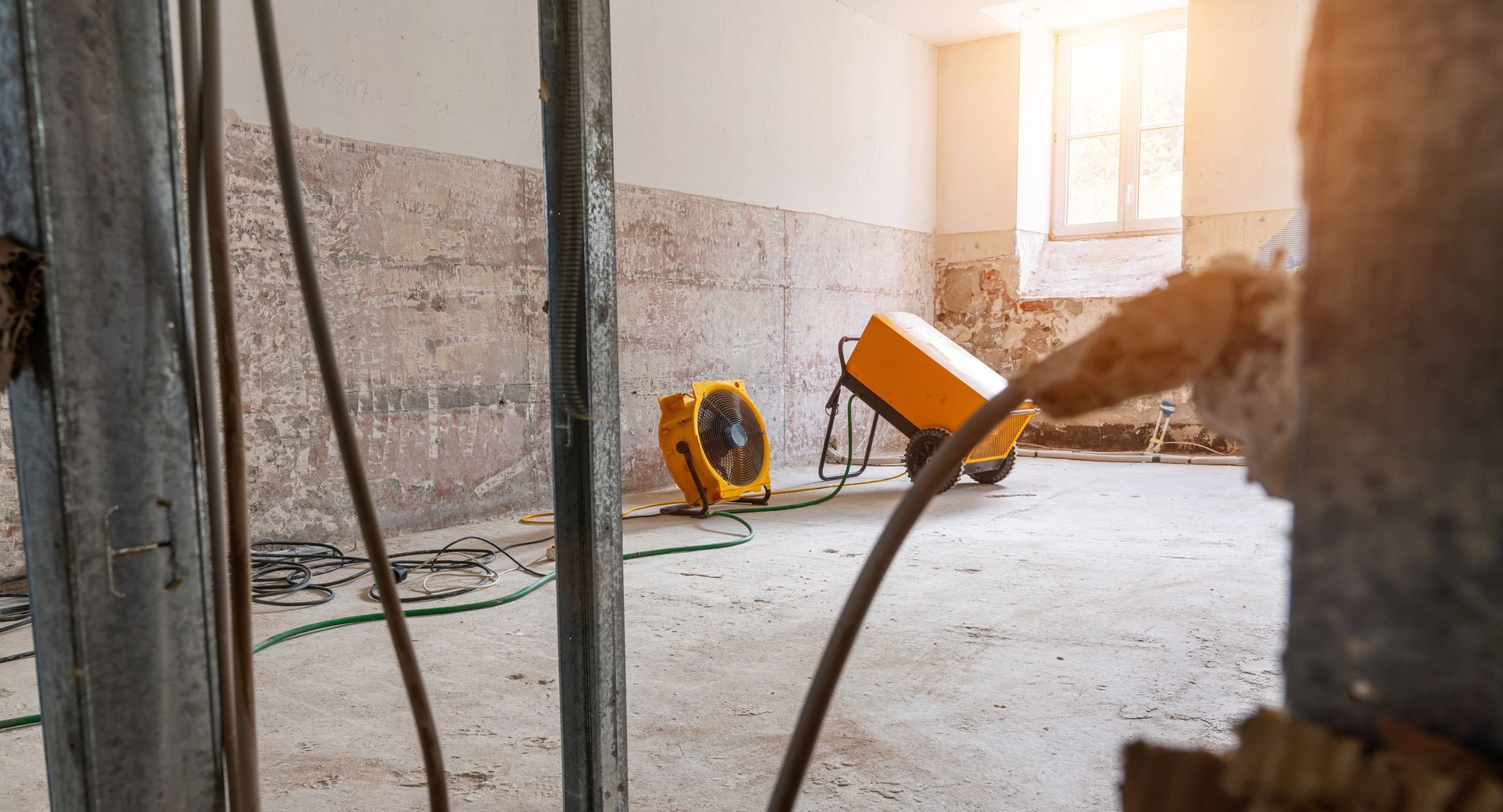Professional water removal service with industrial fans drying a flooded interior concrete floor.