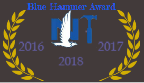 Blue Hammer Award logo: Blue logo with white dove, laurel wreath, years 2016, 2017, and 2018.