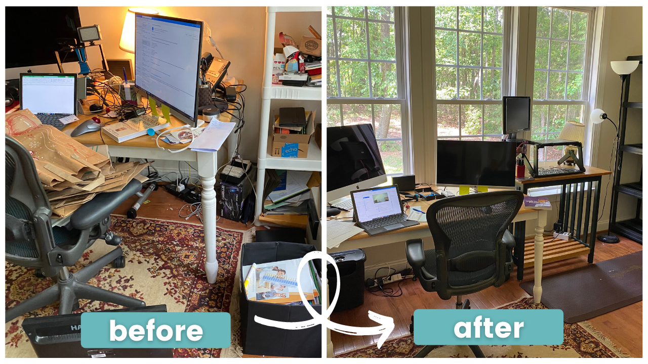 A before and after photo of a messy desk and chair.