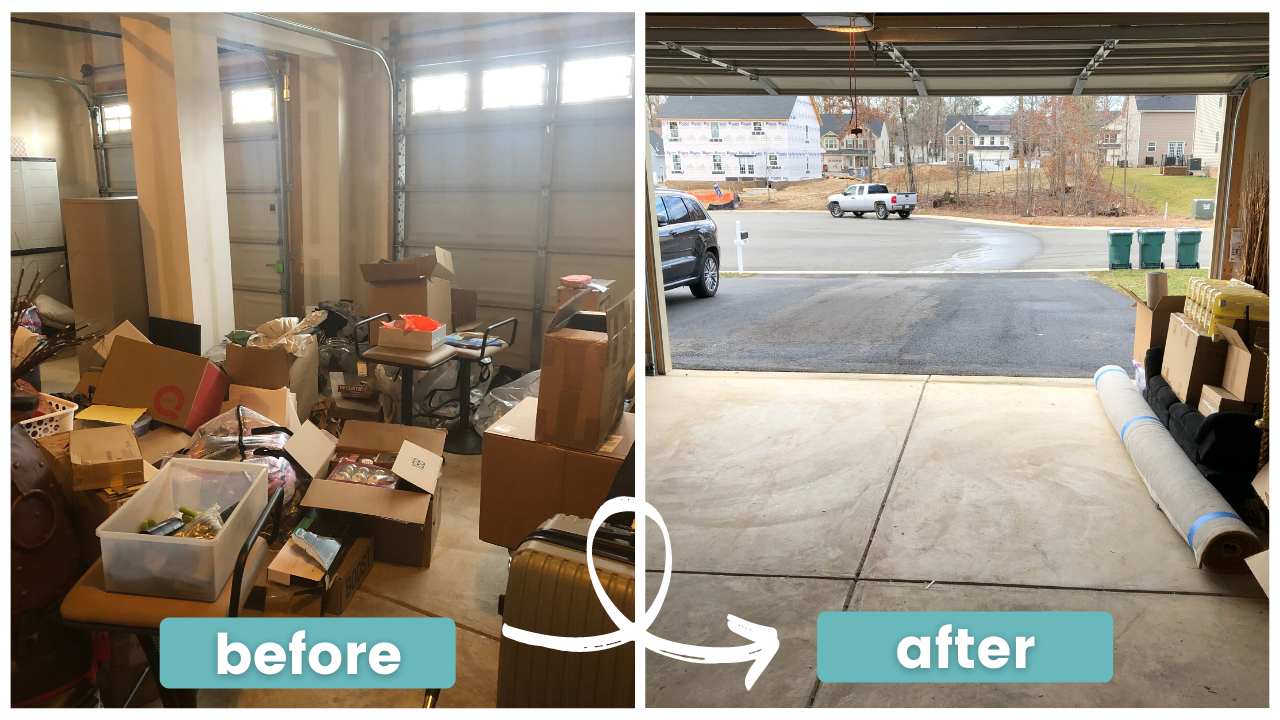 A before and after picture of a garage filled with boxes.