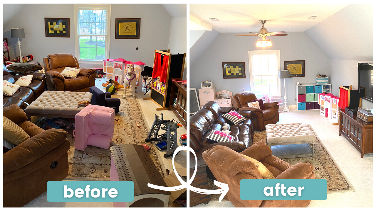 A before and after photo of a living room filled with furniture.